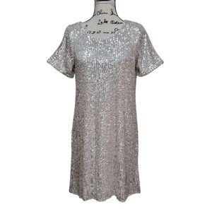 CeCe Sparkling Silver Sequin Cocktail Short Sleeves Comfy Dress SIZE M